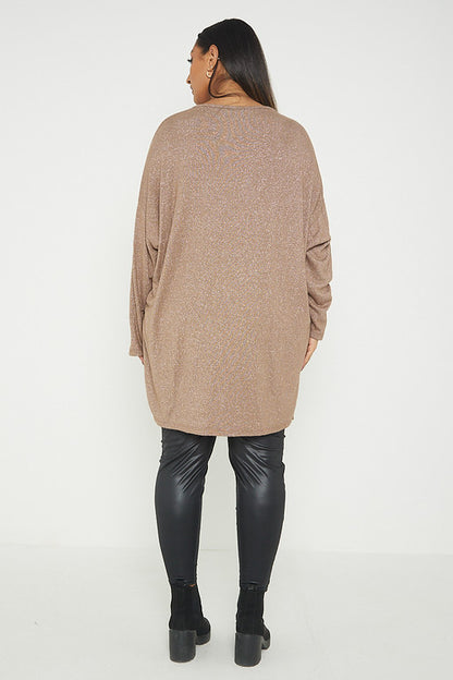 One Size Lurex Shimmer V Neck Knitted Top With Satin Front