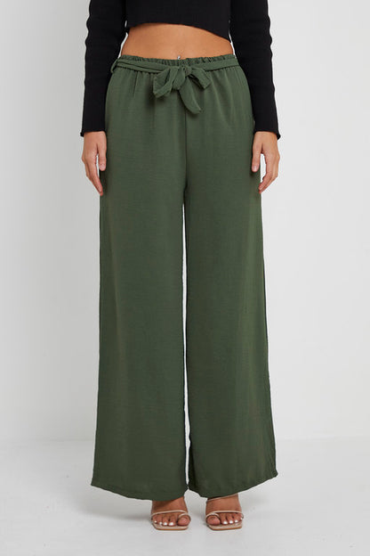 Elasticated Waist Belted Straight Flare Crepe Trousers