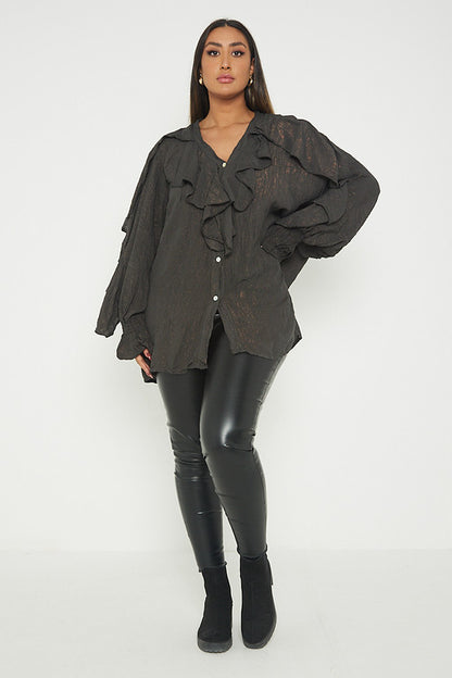 One Size Ruffle Detail Crinkle Lurex Shirt Blouse