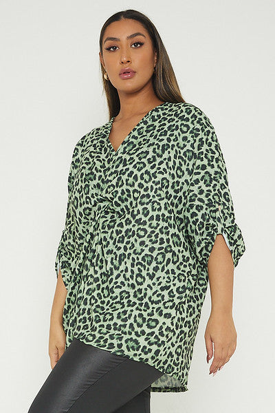 One Size Leopard Print Twist Front Turn Up Sleeve Blouse